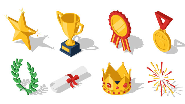 Isometric icons of awards and trophies with stars and crowns for achievement themes