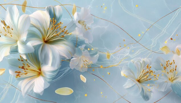 Floral artwork. Soft, white and pale blue flowers, with gold accents, in a flowing pattern