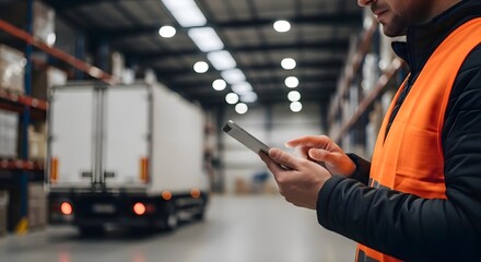 Smart Logistics: Warehouse worker in orange vest using digital tablet, supply chain management, cargo distribution tracking, industrial technology and delivery service concept