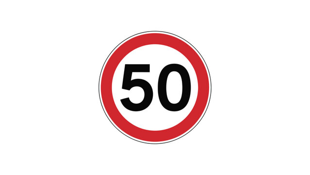 "Speed limit road sign with red border and bold black number 50 on white background symbolizing traffic regulation and road safety compliance"