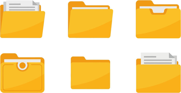 Variety of opened and closed shiny yellow folder icons with documents set