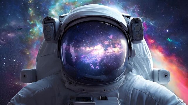 An astronaut floats in space with a galaxy view visible in the helmet reflecting cosmic elements during a mission