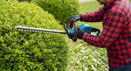 Professional Garden Maintenance: Man in plaid shirt using electric hedge trimmer on green bushes, backyard landscaping, horticulture worker, outdoor plant care, topiary and gardening concept