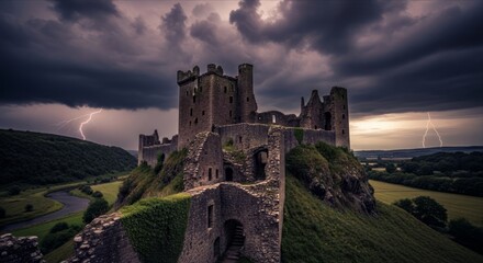Fototapeta premium Dramatic Stormy Sky Over Ancient Castle with Lightning Strikes