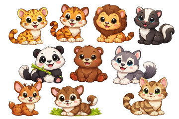Fototapeta premium Cartoon collection of adorable baby animals including a skunk panda and lions