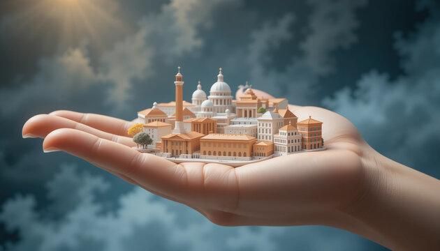 A human hand with a minimalist stylized 3D model of an antic city in the palm. 