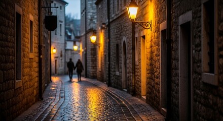 Fototapeta premium Serene Evening Stroll in a Quiet European Cobblestone Alleyway