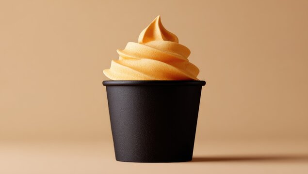 A swirl of orange soft-serve ice cream in a black paper cup, neutral background