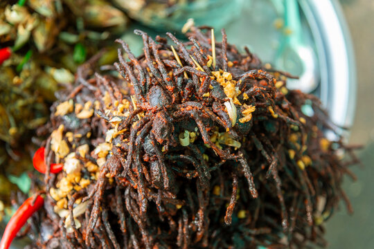 Fried Tarantula spiders for sale as snacks at Skun Market near Siem Reap, Cambodia