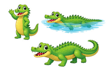 Fototapeta premium Cartoon crocodiles in various poses standing swimming and partially submerged