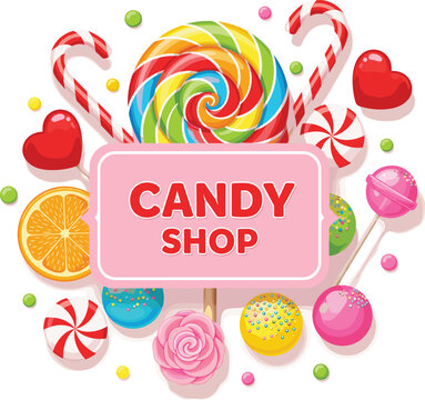 Candy shop banner with colorful sweets lollipop hearts marshmallows and peppermint candies
