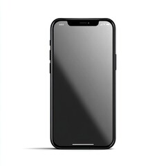 Sleek black smartphone, blank screen. Simple, front-facing, shadow cast, white background