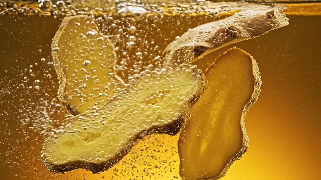 Ginger Slices in Liquid natural remedy and wellness concept