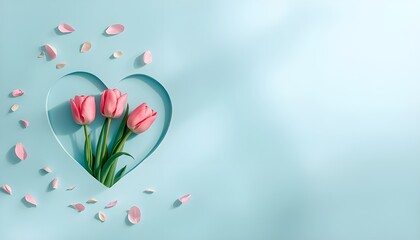A heart-shaped cutout on a light blue background features pink tulips and scattered petals, evoking a sense of love and springtime.