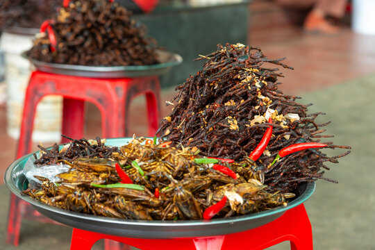 Tarantulas and insects for sale as snacks at Skun Market near Siem Reap, Cambodia
