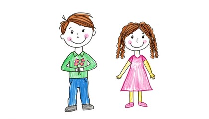 A cartoon boy holding flowers stands next to a smiling girl in a pink dress on a white background