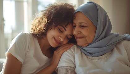 A young woman shows affection to an elderly woman wearing a hijab in a warm and intimate moment.