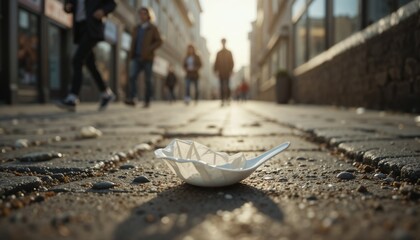 Low-angle shot of a crumpled plastic spoon in a shadowed gutter