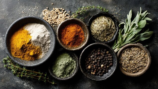 Overhead shot of various colorful spices and herbs in small dark bowls on a dark surface