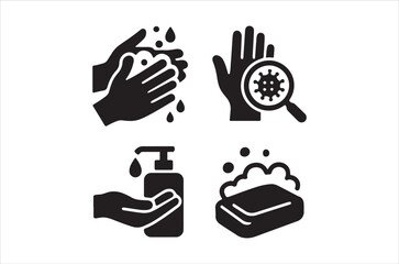 Black and white icons depicting handwashing soap sanitizer and germ prevention