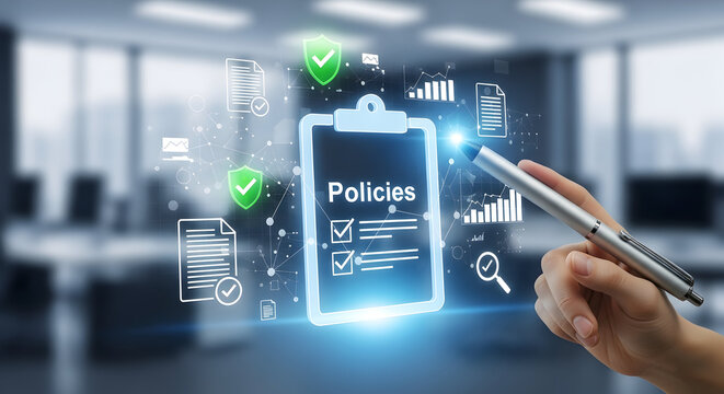 Image 6 (office scene, digital clipboard titled "Policies" with checkmarks and icons, hand with pen touching it)
Titles:

"Corporate Policies and Compliance Concept &mdash; Hand Interacting with Digital Cli