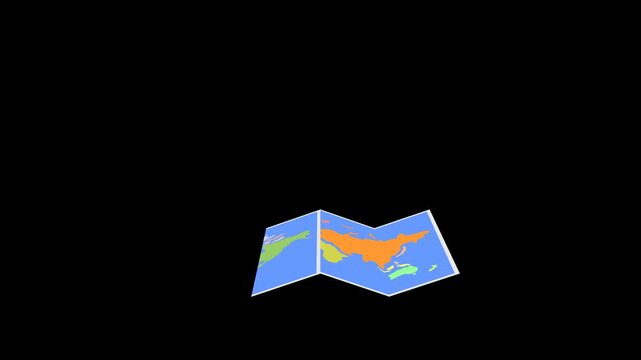 animated airplane appear from below of the folded map with pin location, travel and transportation concept, animation footage video on alpha channel(transparent) background.