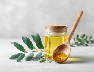 Glass jar filled with yellow liquid, wooden spoon, green leaves, set on light surface