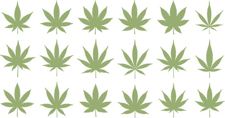 Obraz premium Collection of fifteen green leaves arranged in three rows on a white background leaf hemp leaf green leaf