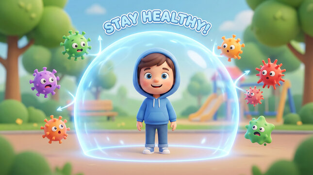 Happy Boy Inside Protective Energy Shield Outdoors Stay Healthy