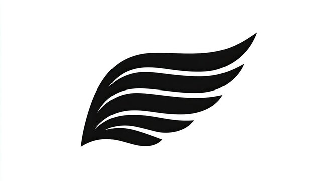 A stylized black wing graphic against a white background, featuring layered feather shapes