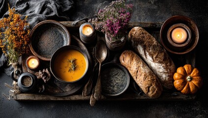 Warm autumn table setting with soup, bread, flowers, candles, and a small pumpkin