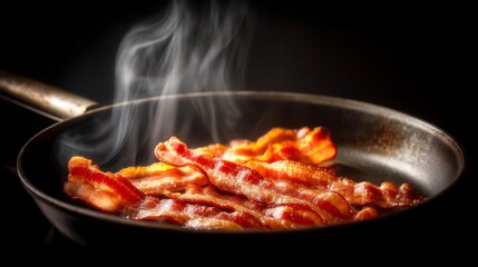 Fototapeta premium Sizzling Bacon Strips in a Frying Pan with Steam Rising Against a Black Background for Culinary and Food Photography Projects