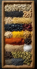 Wooden tray filled with a variety of colorful seeds, grains, and spices