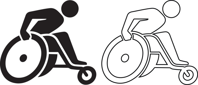 Wheelchair racing sport icon and paralympic athlete symbol vector set. Disabled runner silhouette and outline design isolated for marathon competition or adaptive sports logo.