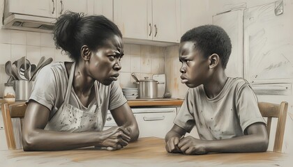 A Black mother and son sitting at the kitchen table, arguing, depicting conflicts in their relationship at home. Photographs capturing the essence of the moment.