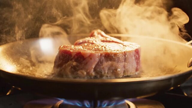 Sizzling Steak with Flames, gourmet cooking concept