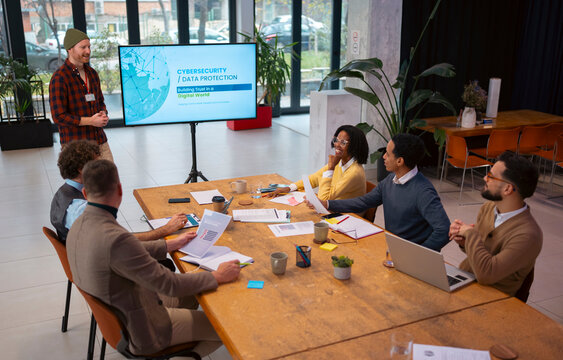 Cybersecurity presentation during a modern business meeting