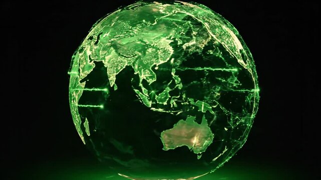 A green globe depicts Earth with interconnected lines, highlighting continents and networks. Dark background