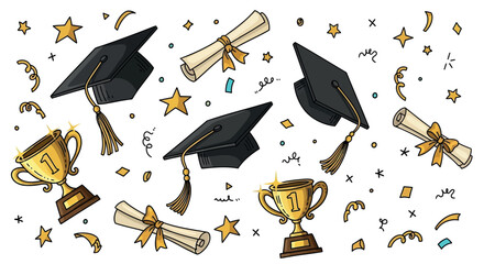 Graduation caps, diplomas, and trophies with confetti and stars, vector illustration for celebration or achievement banner