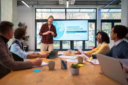 Cybersecurity presentation during a modern business meeting