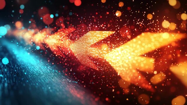 Colorful lights and arrows move in patterns in a digital space at night showing vibrant design and technology