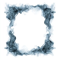 Square frame formed by wispy, swirling, blue-gray smoke on a white background