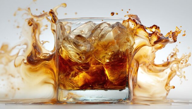Glass filled with ice and dark beverage, exploding outwards with liquid