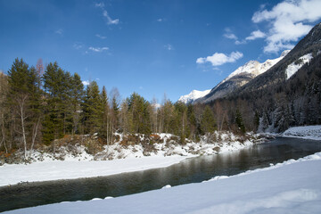 Winter landscape of the Inn river upper course near Scuol, Unter Engadin, Canton of Graub&uuml;nden, Switzerland.