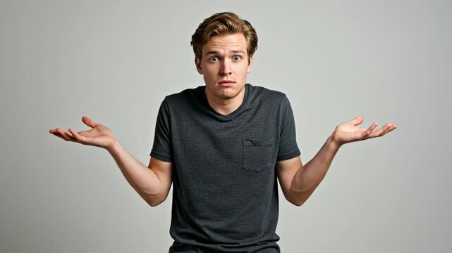 A young man shrugging, showing confusion against a simple gray backdrop.