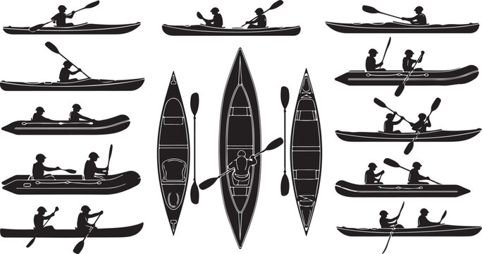 A collection of various kayaks and kayaking activities depicted in silhouette.