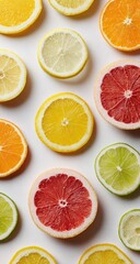 Fototapeta premium Sliced citrus fruit, orange, yellow, pink, and green on a white surface, overhead view