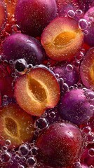 Fresh plums, sliced in halves, immersed in bubbly liquid. The surface glistens with sparkling bubbles, accentuating the vibrant purple and yellow hues of the juicy fruit