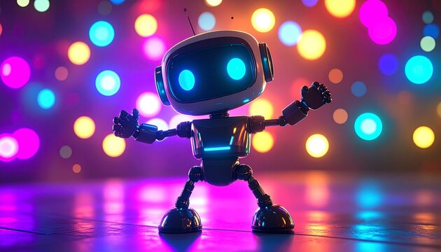 Neon Robot Dancing in a Futuristic Disco Setting.