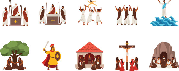 Naklejka premium Bible story scenes set with Jesus crucifixion disciples and biblical characters illustration
